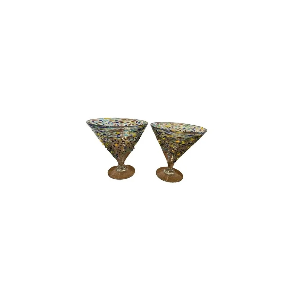 SET OF 2 MEXICAN CONFETTI WITH COLOR PEBBLES HAND BLOWN ROCKS Margarita Glasses